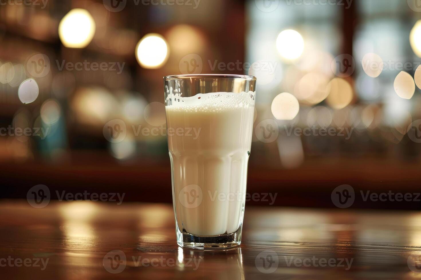 A tall glass filled with creamy milk sits on a shiny wooden bar surface. The warm, inviting ambiance features blurred lights creating a comfortable atmosphere photo