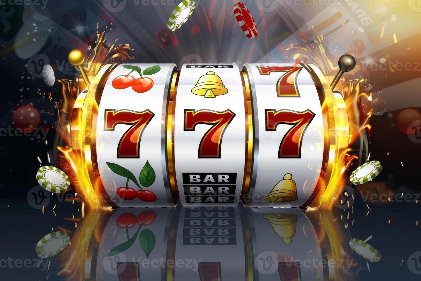 The colorful slot machine displays rotating reels with classic symbols like cherries, bells, and sevens. Flames surround the machine, enhancing the excitement of gaming photo