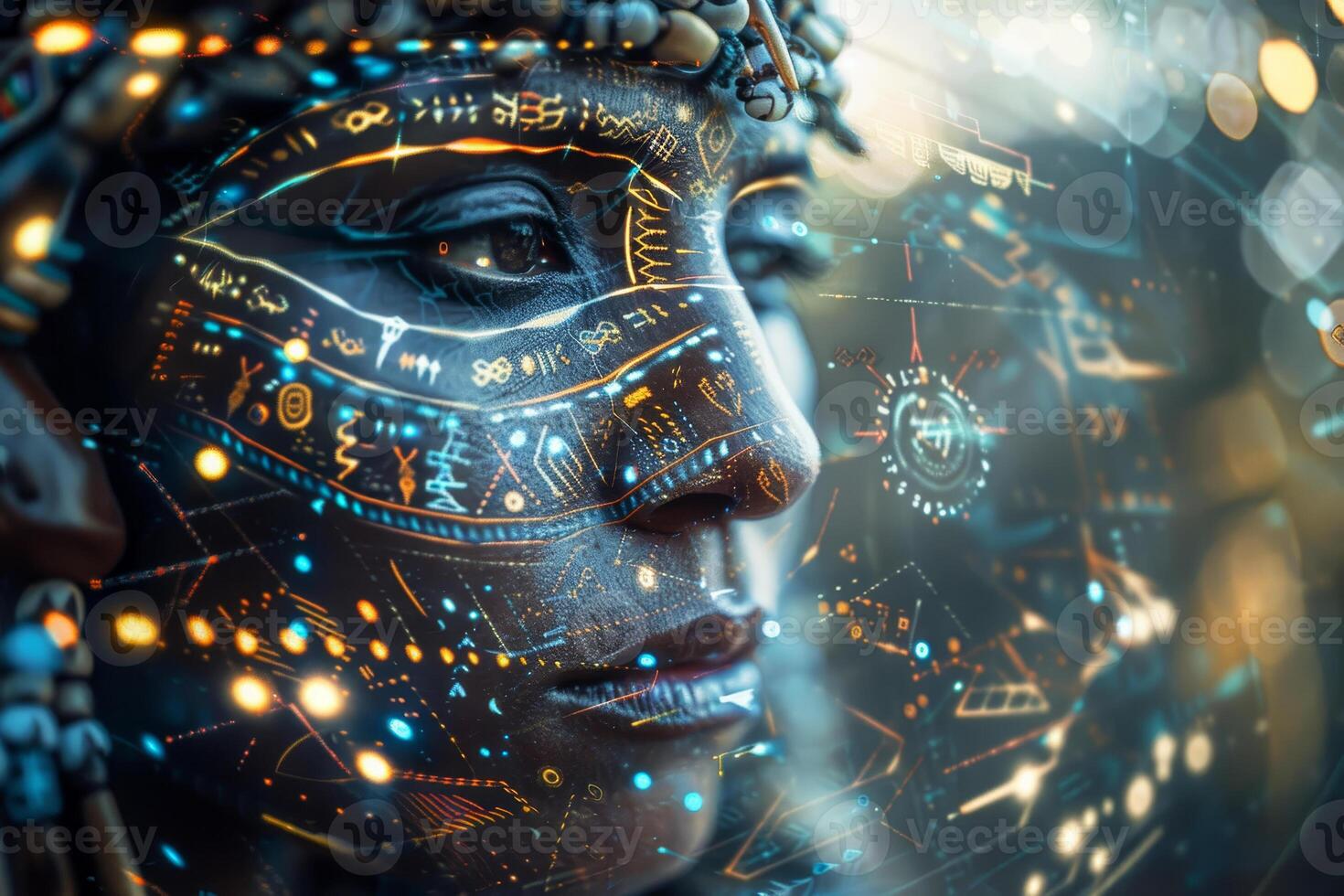 The image features a woman gazing intently, her face intricately adorned with glowing digital patterns and symbols, set against a moody background photo