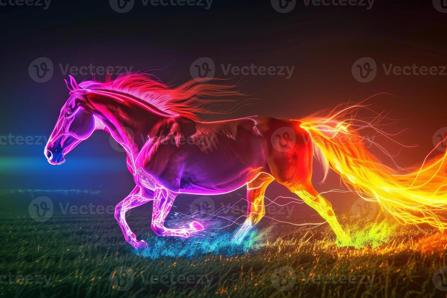 A horse runs energetically across a grassy field at dusk, its mane and tail illuminated in vivid rainbow colors, creating a magical aura of movement and light photo