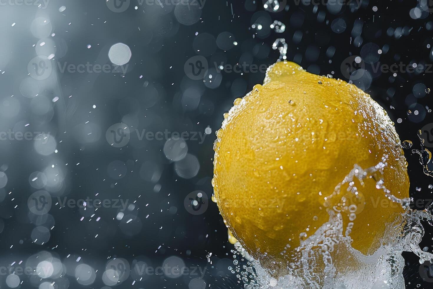 A bright yellow lemon is captured mid-splash as water droplets surround it, creating a refreshing and energetic atmosphere in the setting photo