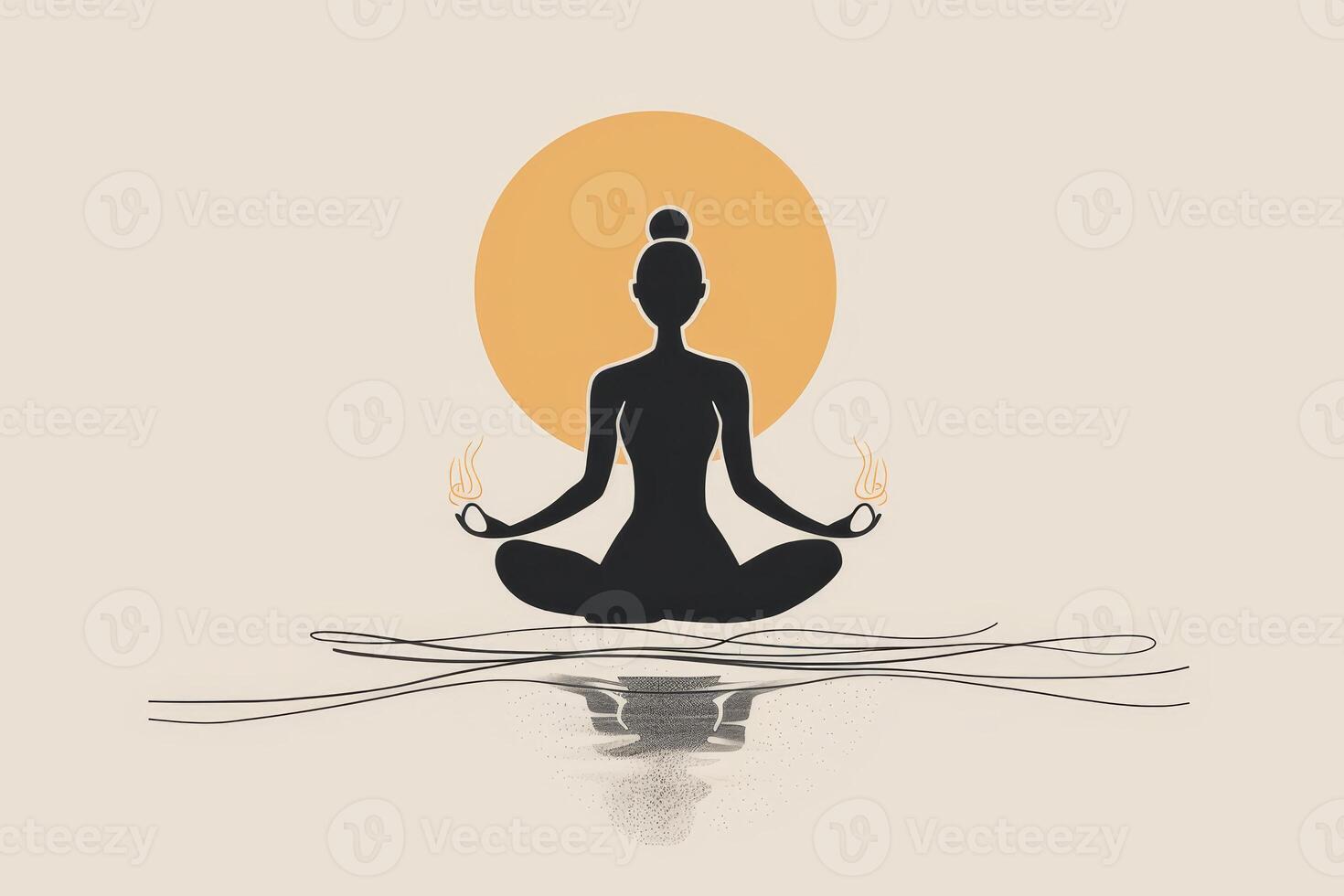 A figure sits in a cross-legged position near water, hands resting gently, as the sun rises behind, creating a serene atmosphere of calm and reflection photo