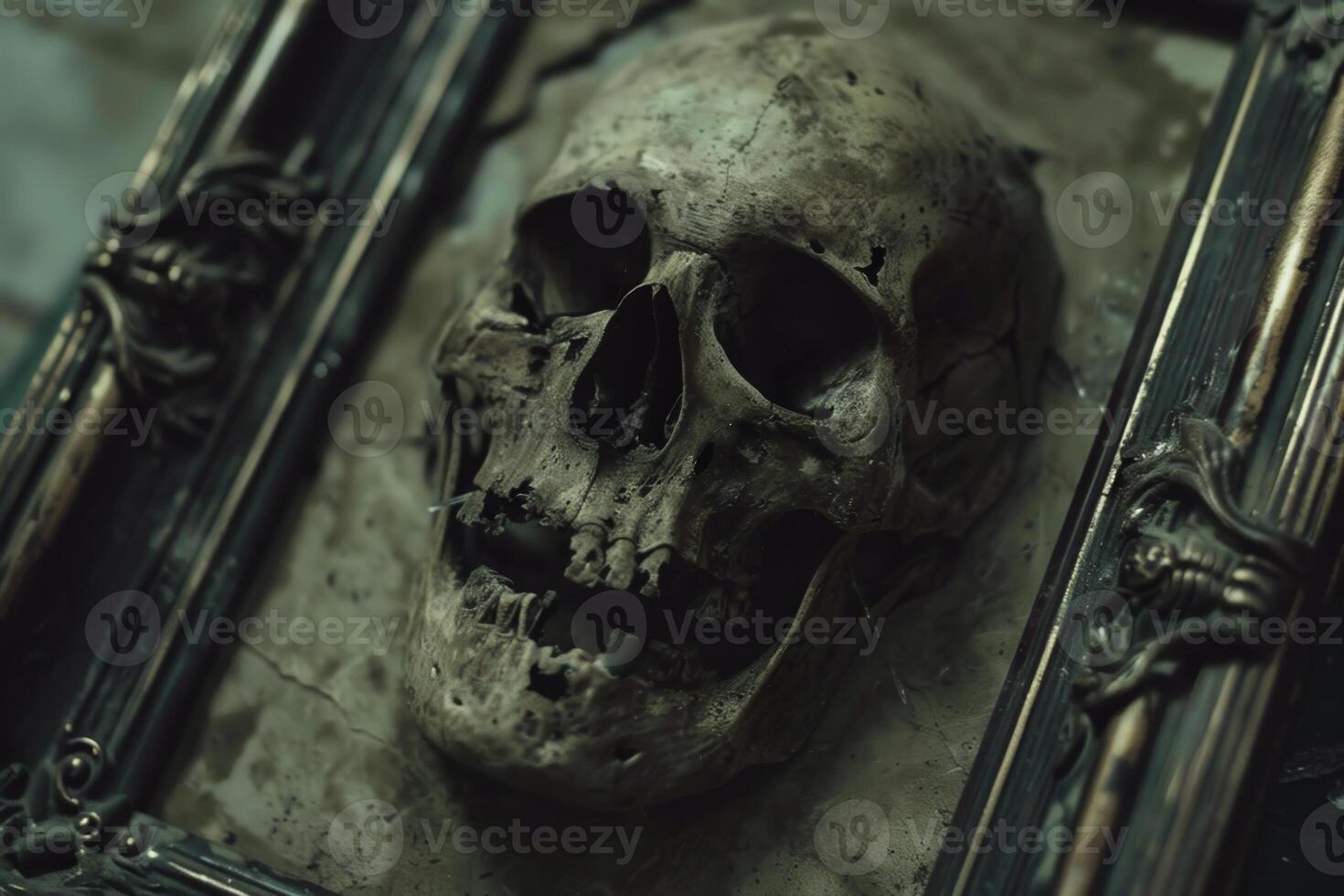 A skull is displayed in a frame, with a dark and eerie mood photo