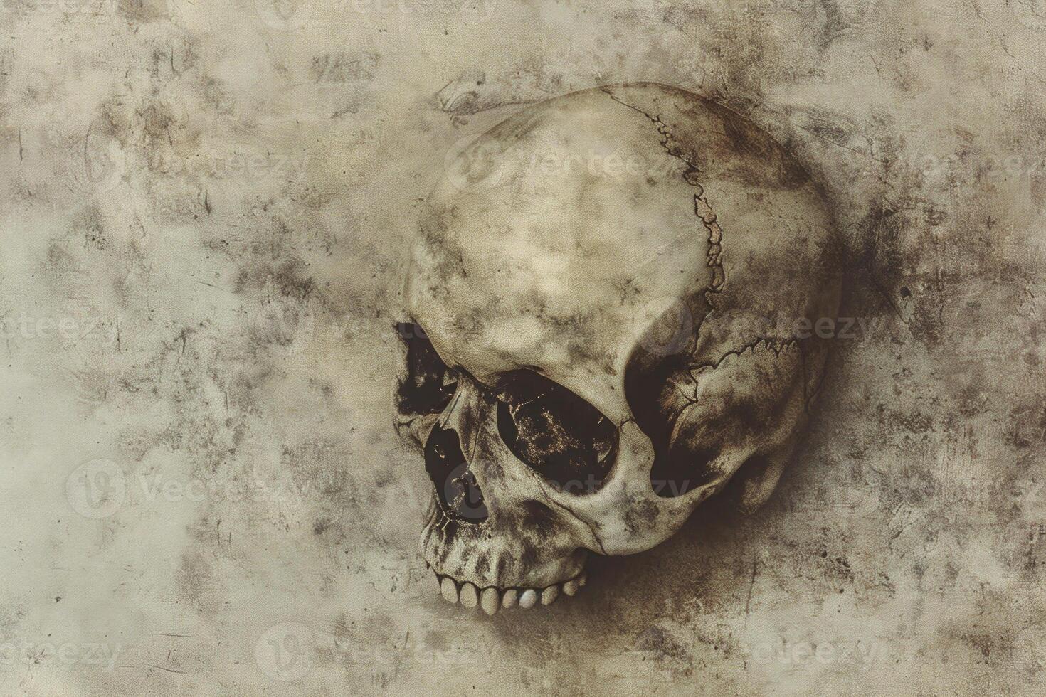 A skull is on a wall with a faded background photo