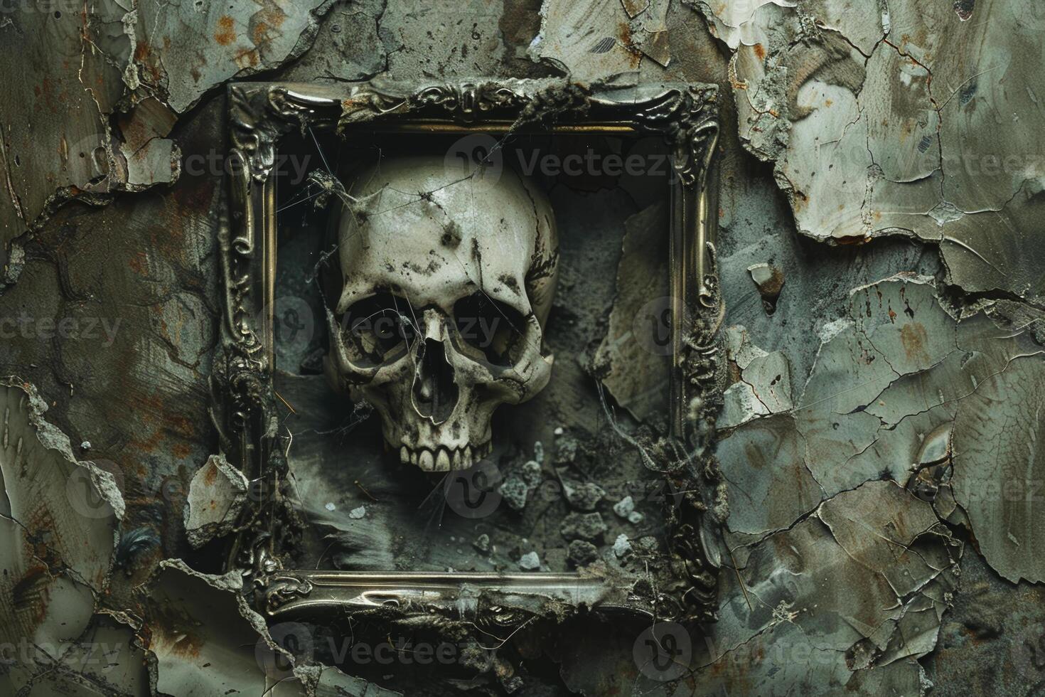 A skull is in a frame on a wall photo