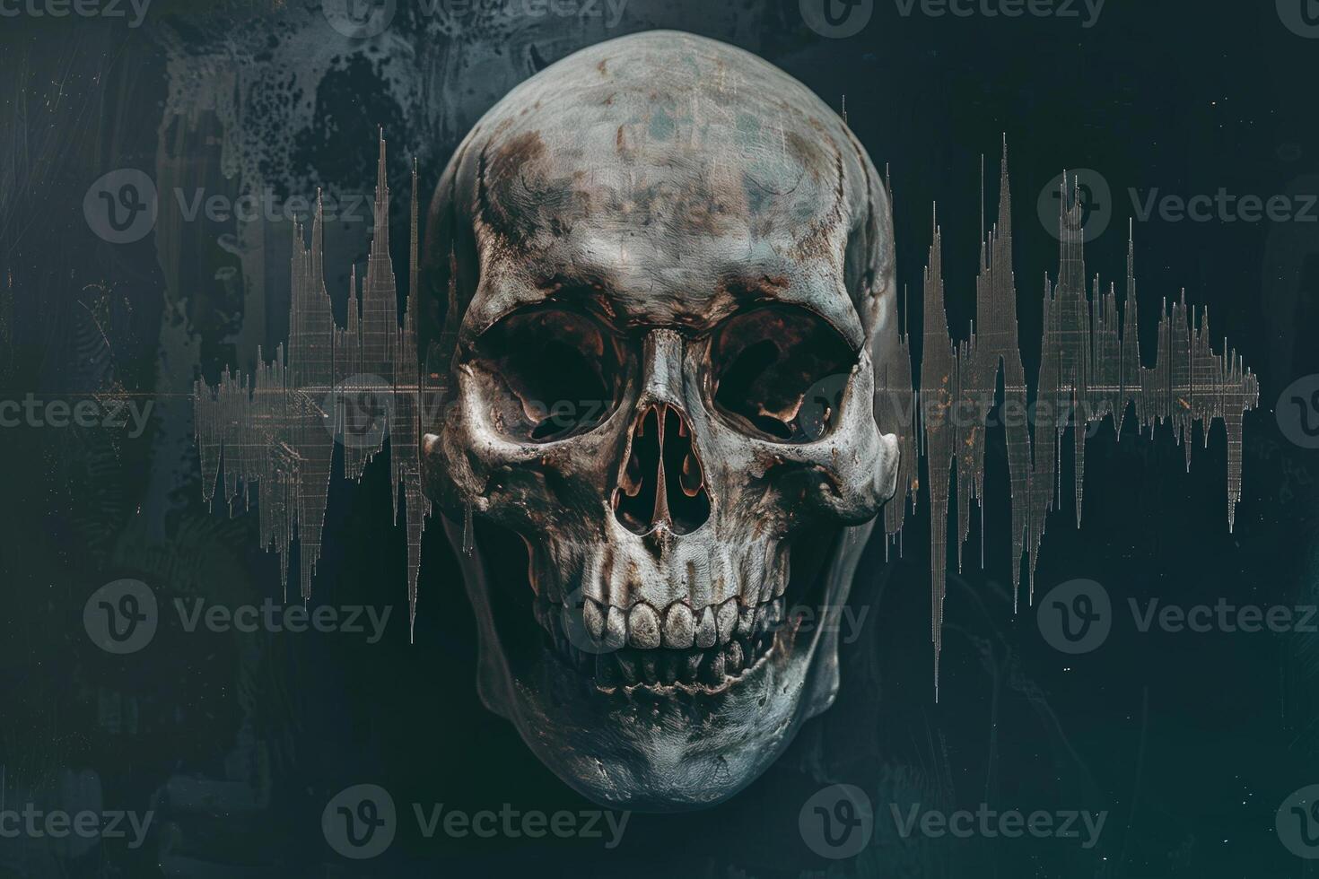 A skull with a skull on top of it and a sound wave in the background photo