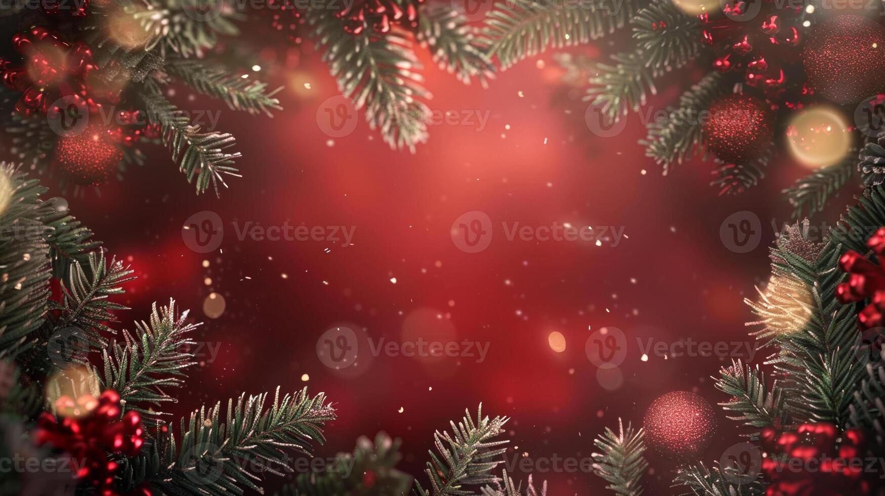 A red background with a Christmas tree in the foreground photo