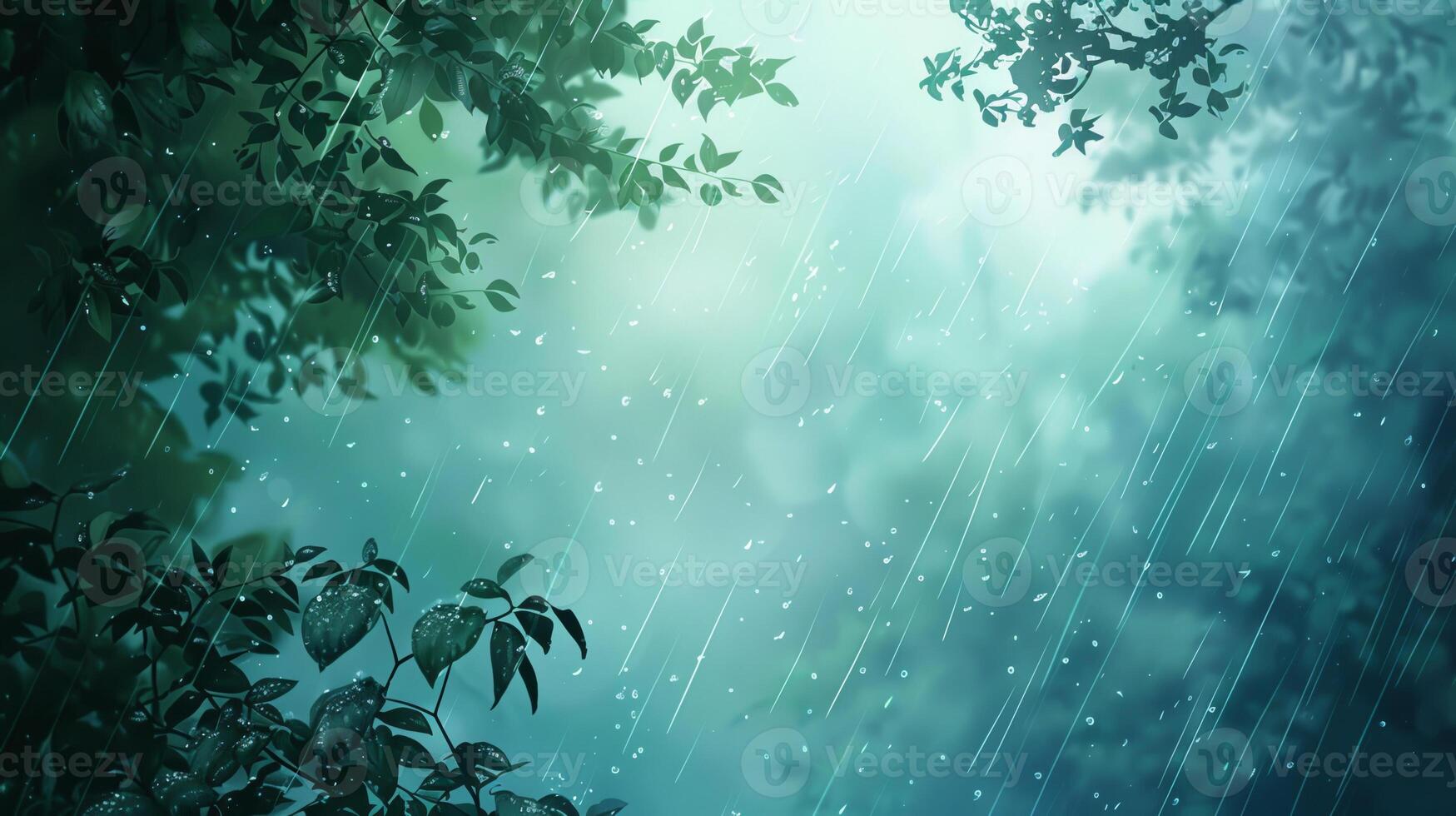 A rainy day with trees and leaves in the background photo