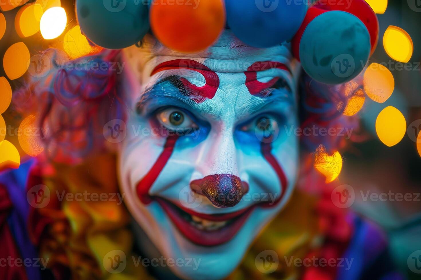 A clown with a red and blue face and a red and blue outfit photo