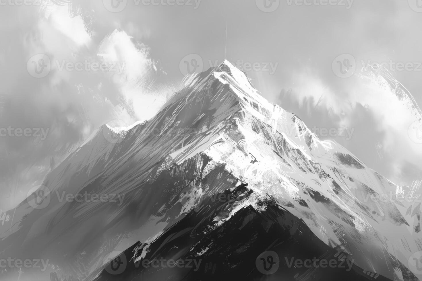 A black and white painting of a mountain photo