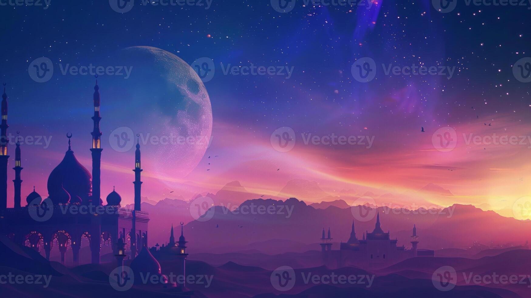 A beautiful night sky with a large moon and a few stars photo