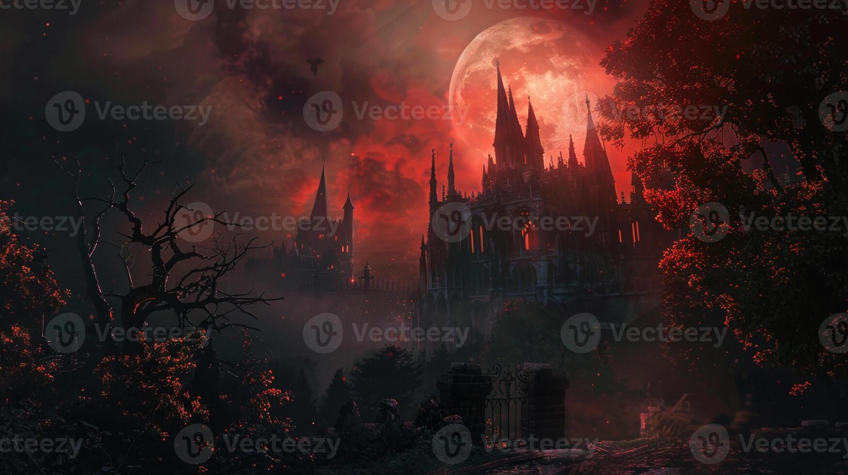 A dark and ominous scene with a large red moon in the sky photo