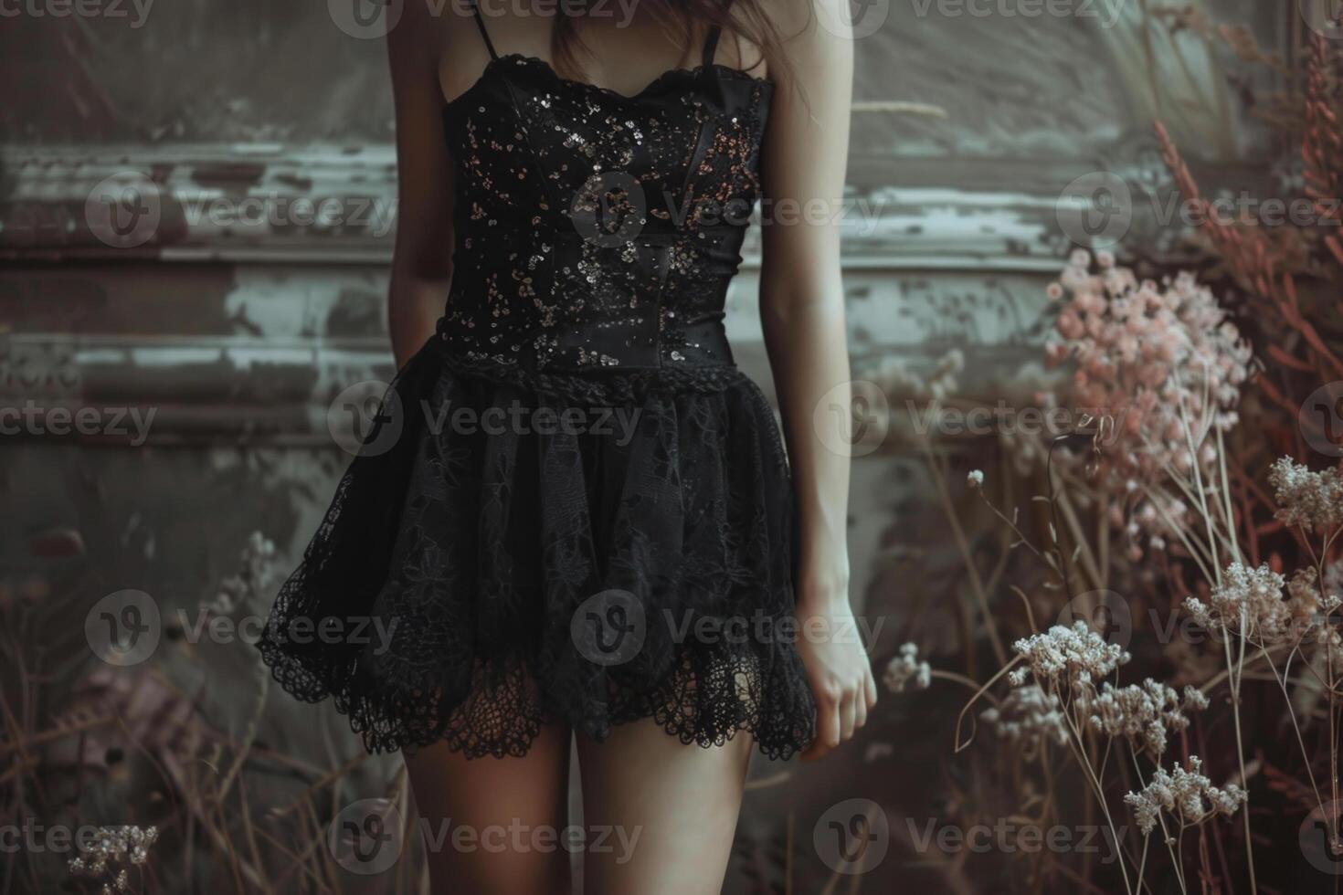 A young woman in a sparkly black dress meanders through a desolate area at dusk, surrounded by withered plants and textured walls, creating a mysterious atmosphere photo