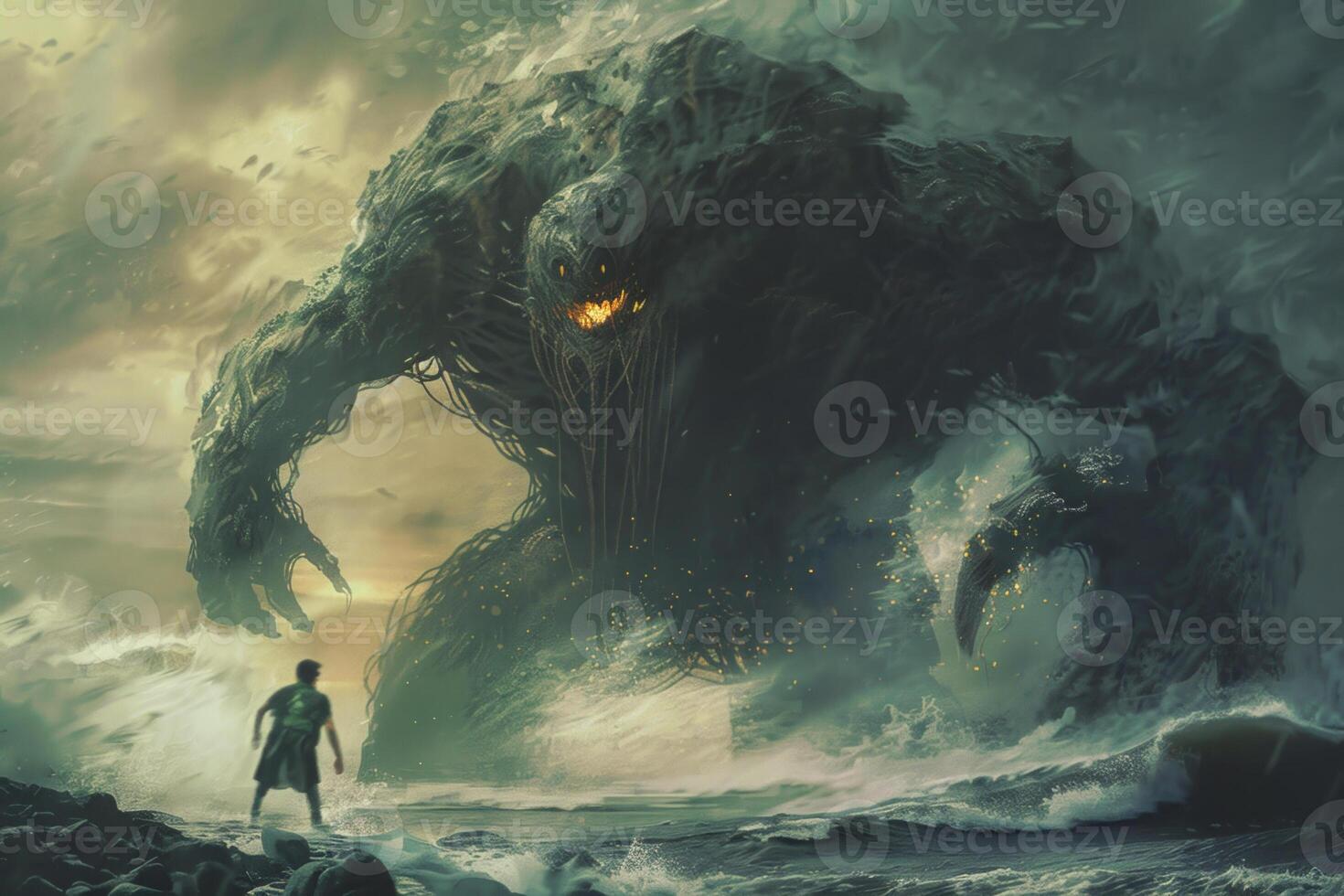 A young man stares in awe at a gigantic sea monster emerging from turbulent waters, with dark clouds gathering and waves crashing around him photo