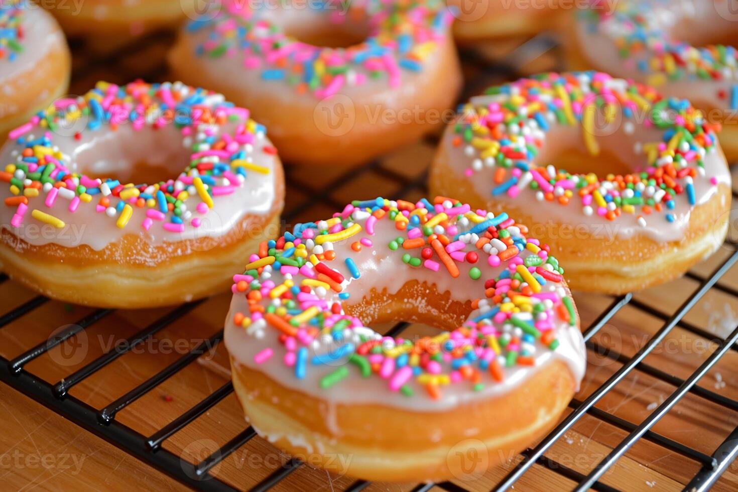Freshly made donuts glisten under soft light, topped with colorful sprinkles, set on a wire rack in a cheerful kitchen, highlighting a delightful morning treat photo