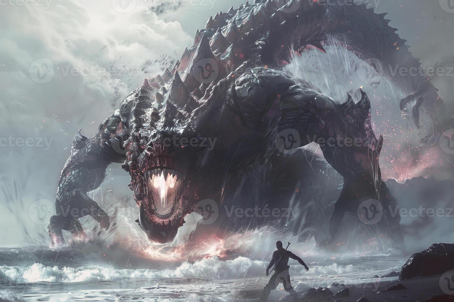 A massive mythical creature emerges from turbulent waters, facing a solitary warrior armed with a sword on a stormy shoreline, creating a dramatic standoff photo