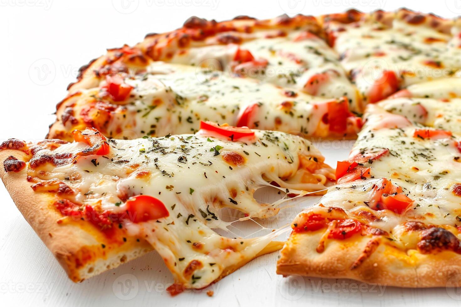 A freshly baked cheese pizza topped with melted cheese, diced tomatoes, and herbs, with a slice being pulled away, showcasing its gooey goodness photo