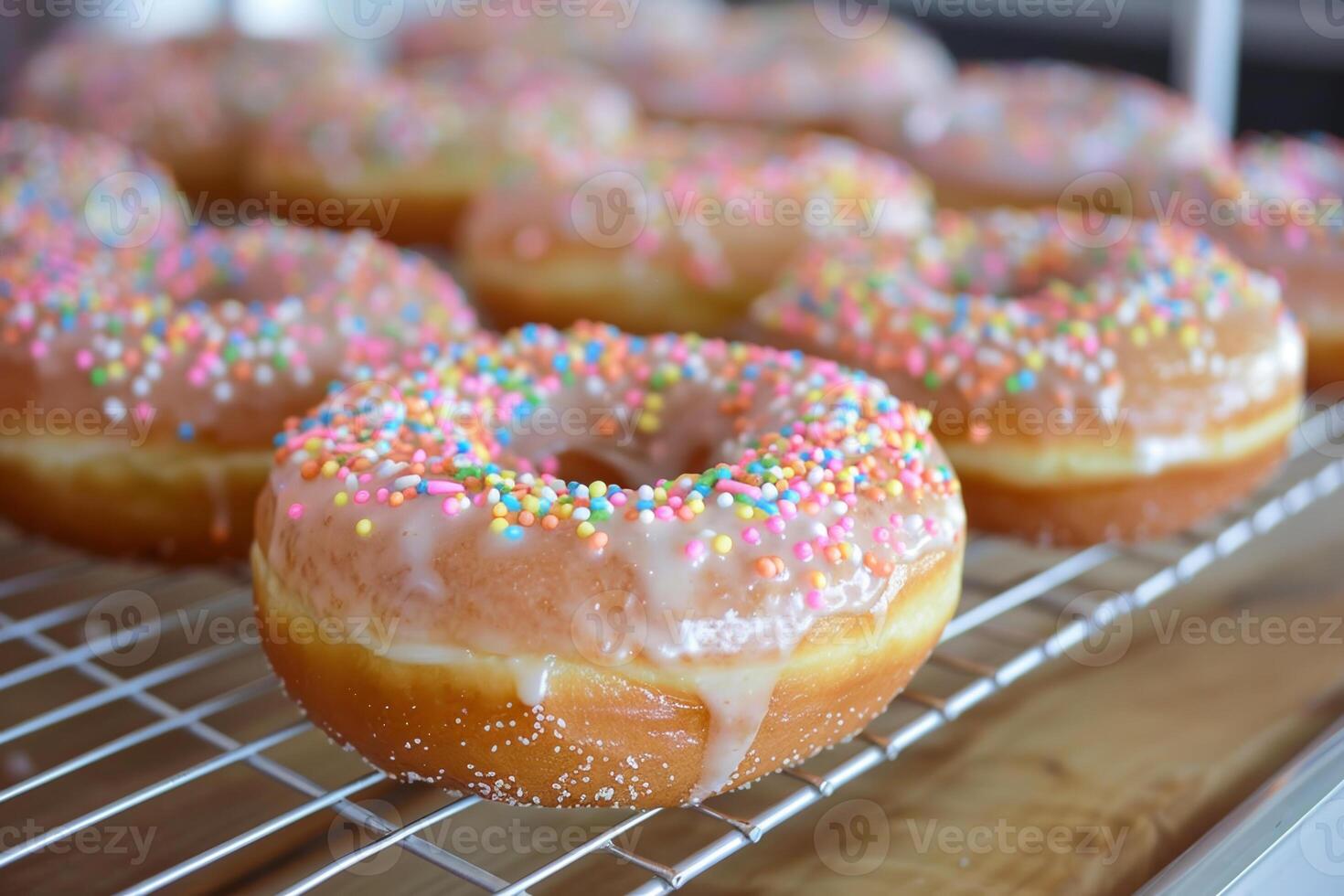 Delicious donuts topped with vibrant sprinkles rest on a wire rack. The warm bakery atmosphere and morning light enhance their appeal, inviting customers to indulge photo