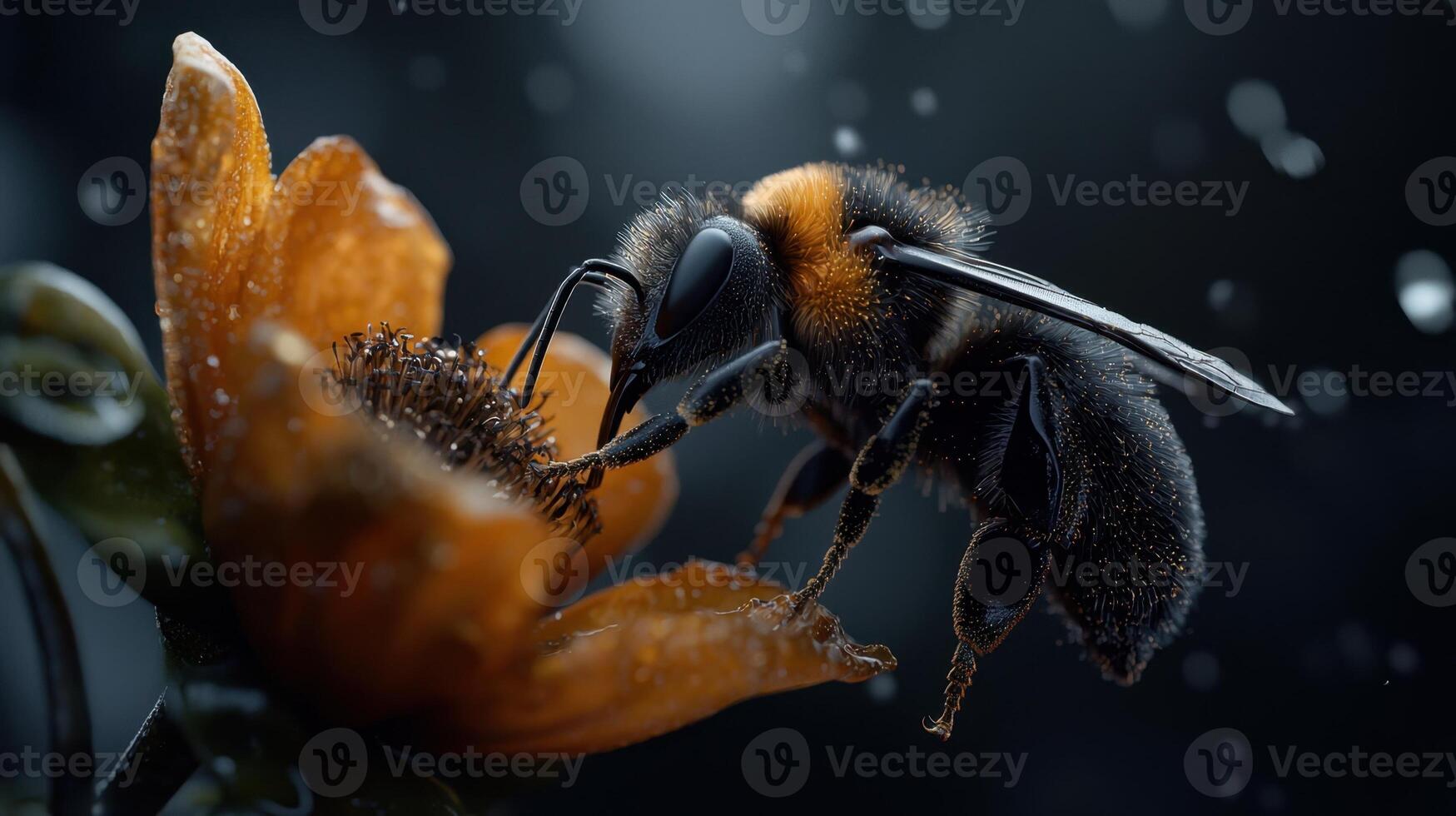A bee is standing on top of an orange flower photo