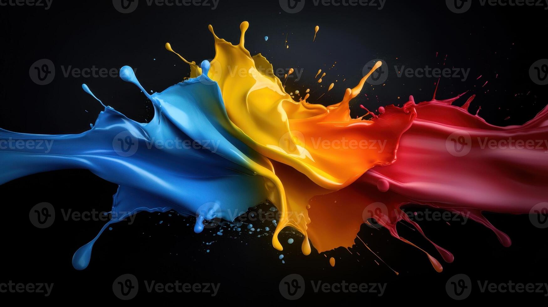 Colorful paint splashes on black background photo