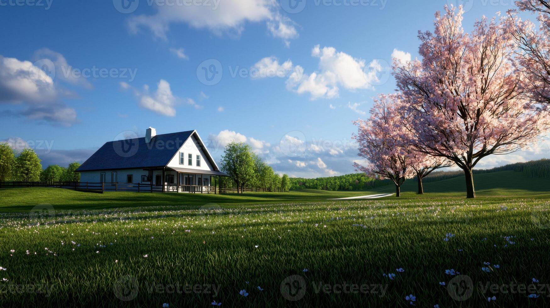 A house in a field with trees and a blue sky photo