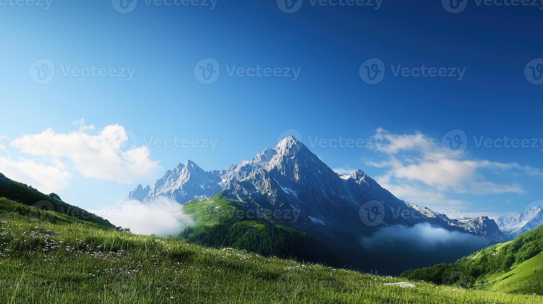 Mountain landscape with green grass and flowers photo