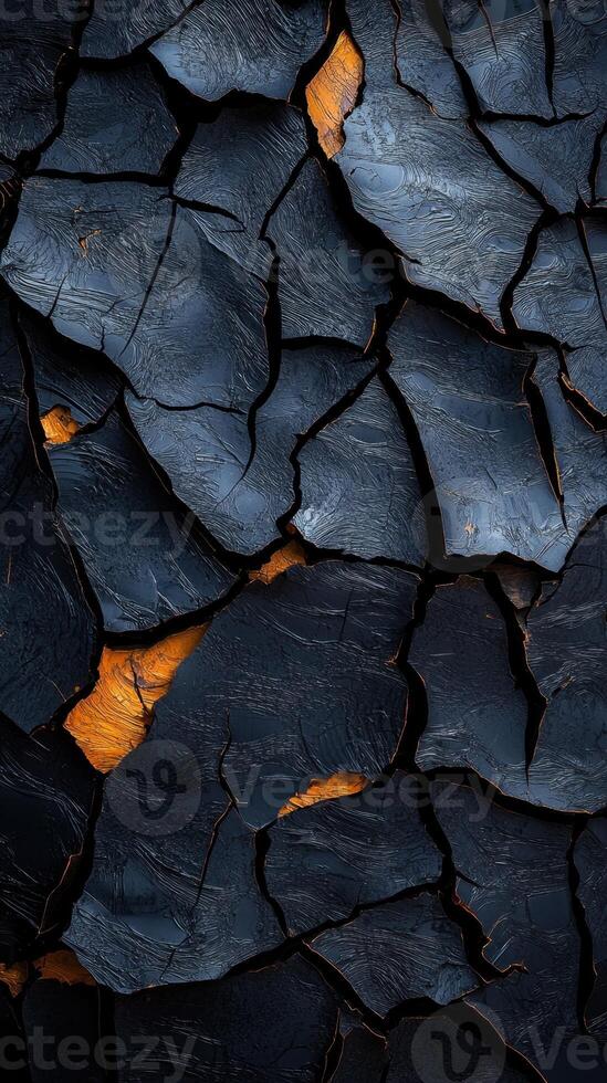 A close up of a black and orange rock with cracks in it photo