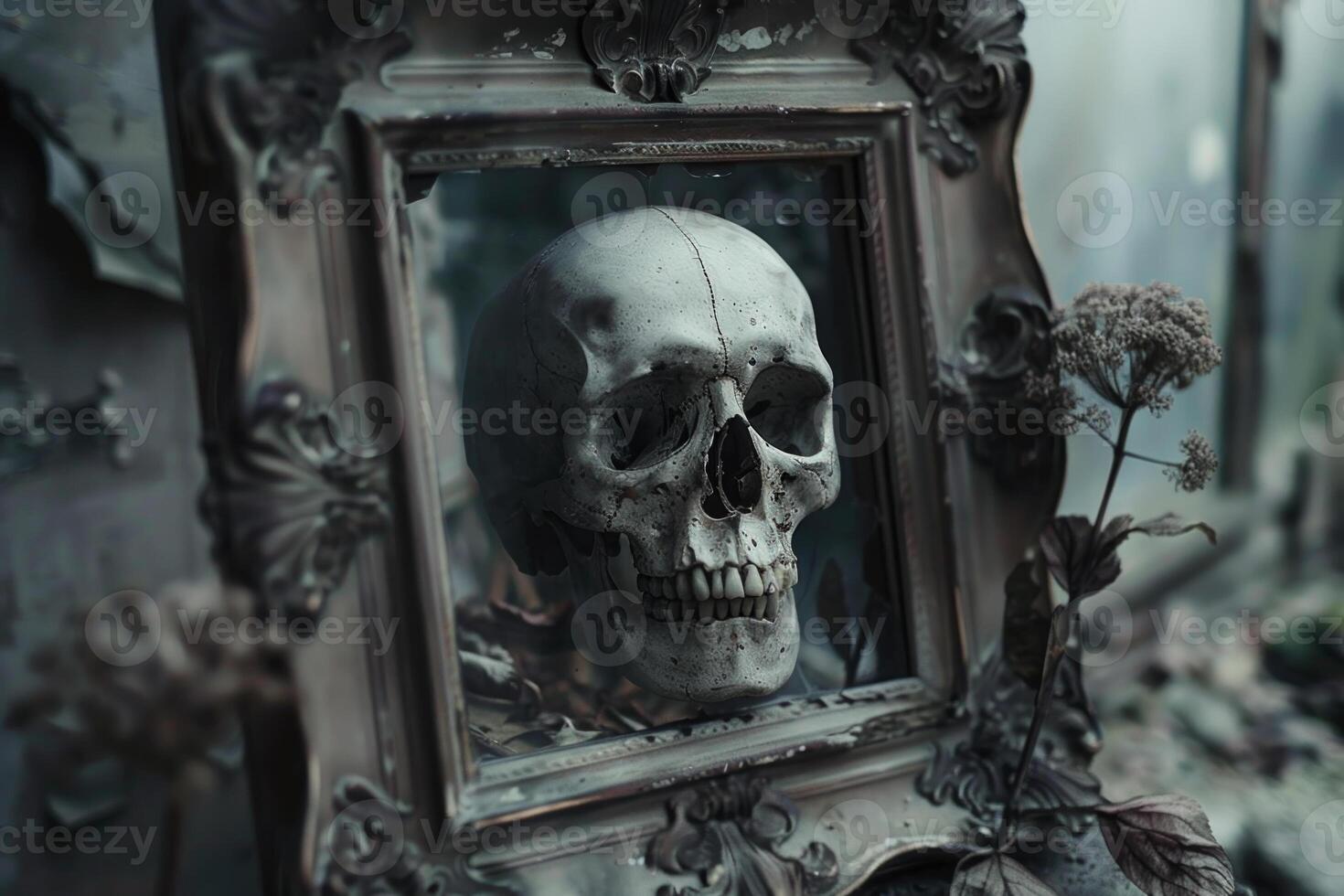 A skull is reflected in a mirror photo