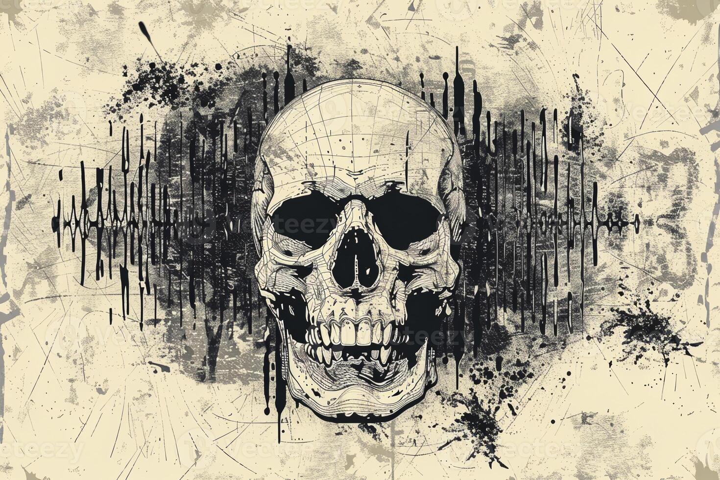 A skull with a smile on it is surrounded by a blurry background photo