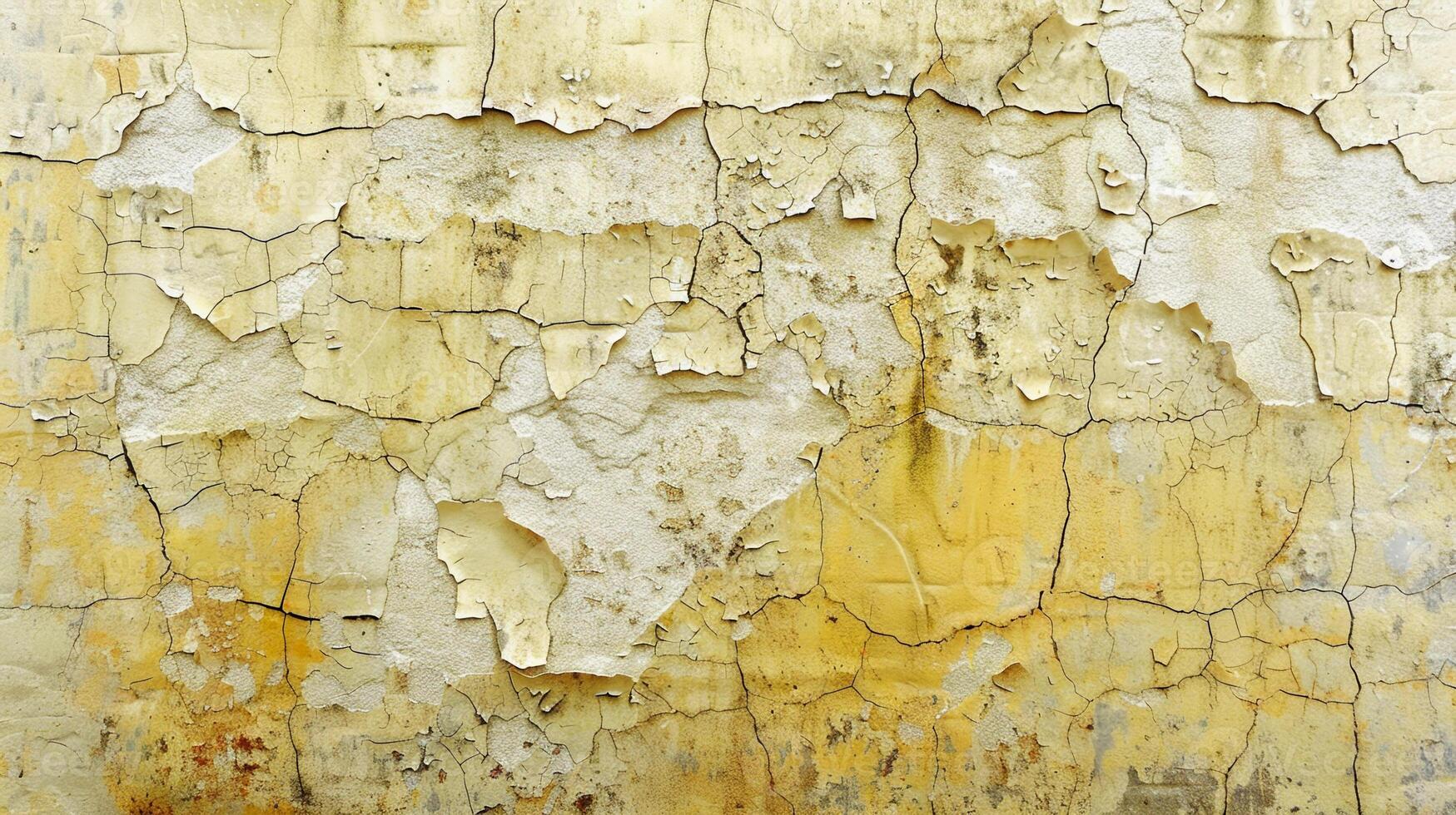 The wall displays a rich patina of yellow hues, cracked and peeling, revealing layers of age in an urban setting. It captures the essence of decay and time photo