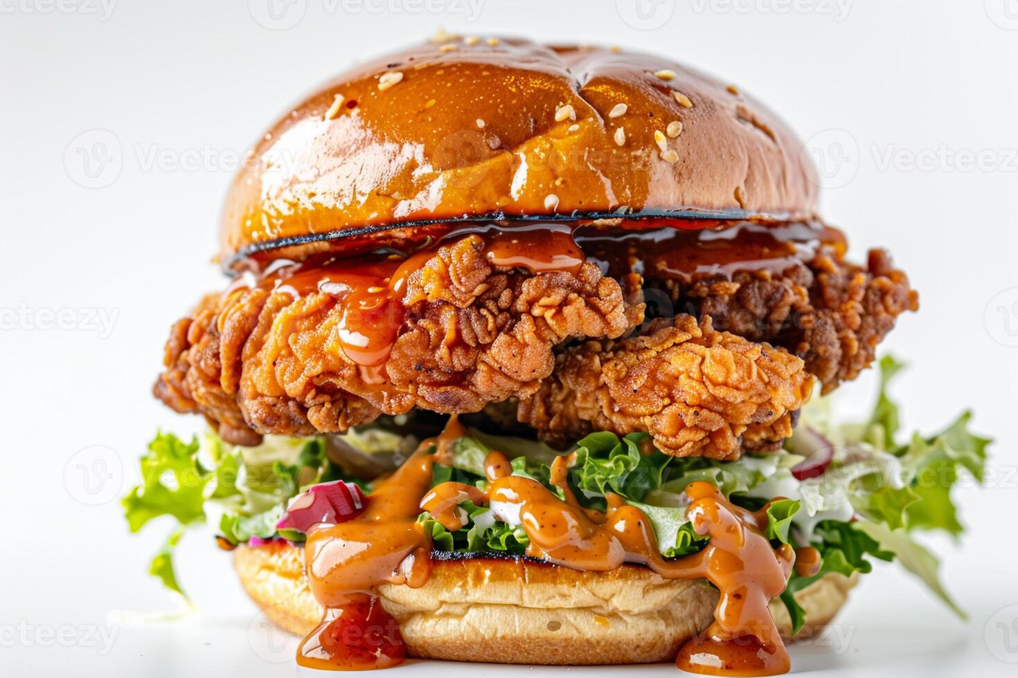 A mouthwatering crispy chicken sandwich features a juicy fried chicken fillet drizzled with barbecue sauce on a fresh sesame seed bun, layered with lettuce and tangy sauce photo
