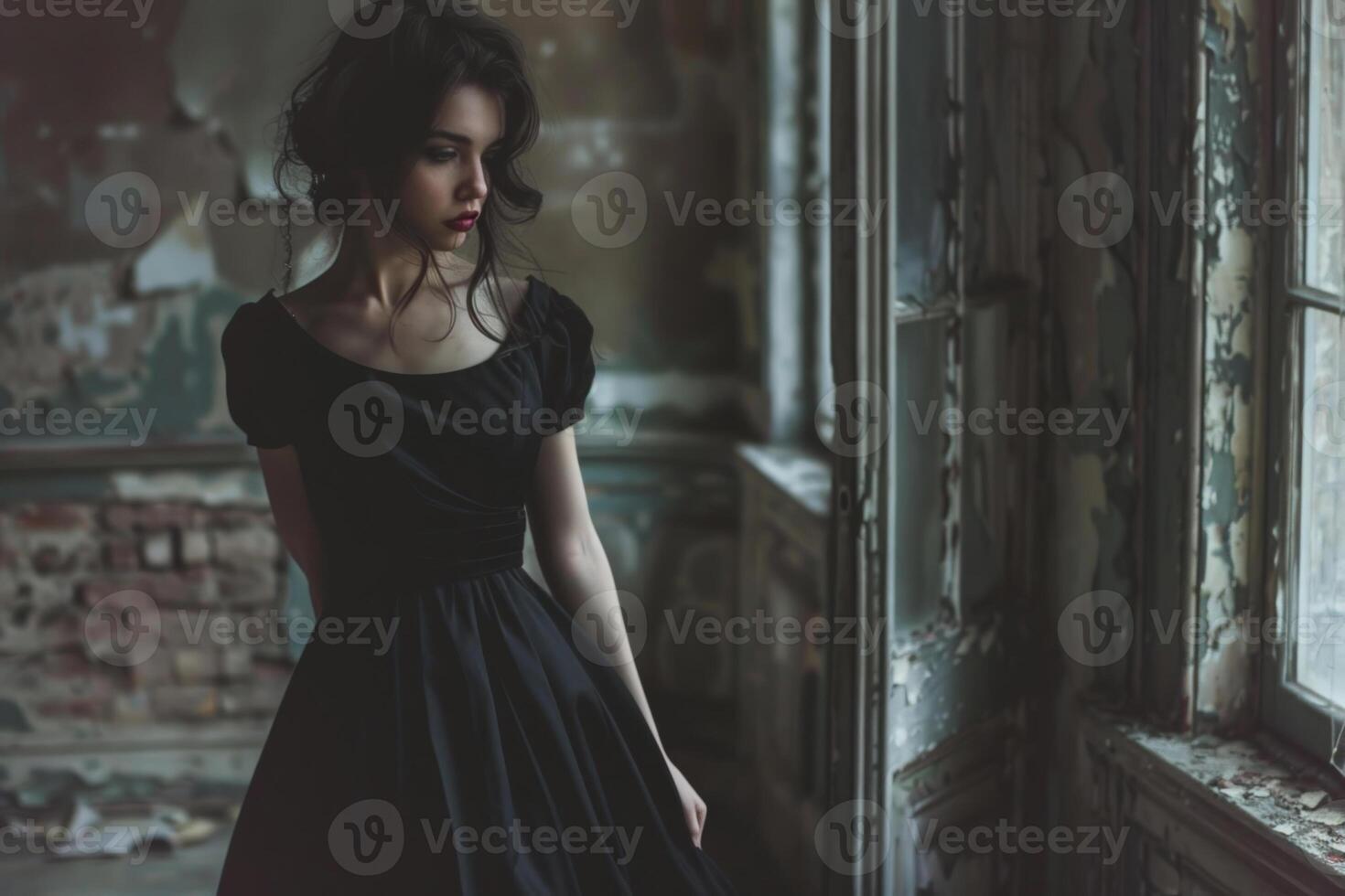 In a vacant, decaying room, a young woman in a black dress gazes pensively out of a broken window, capturing the essence of solitude and nostalgia amidst the haunting surroundings photo