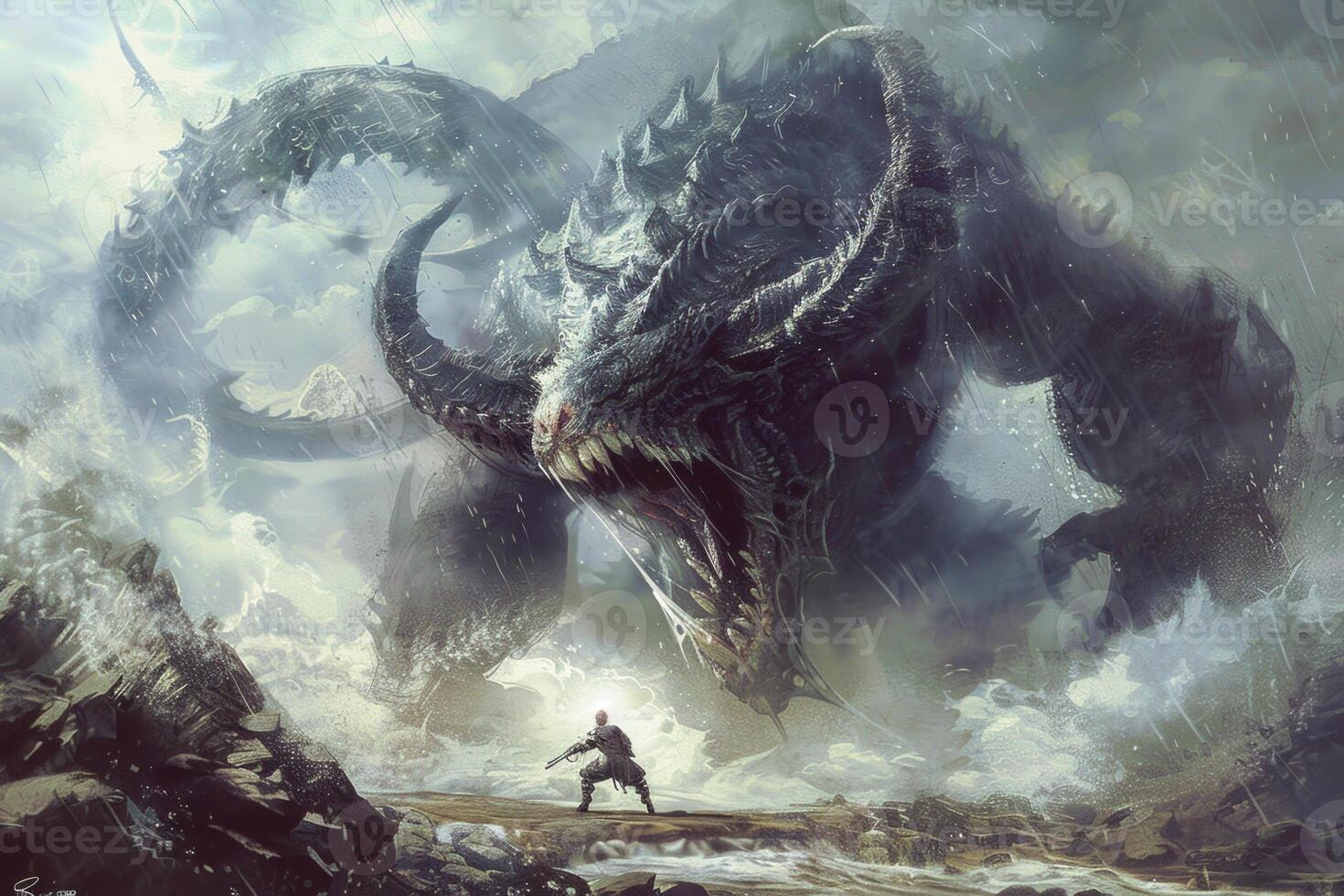 A fierce battle unfolds as a brave warrior stands defiantly before a towering dragon in a stormy setting, surrounded by tumultuous seas and dramatic skies photo