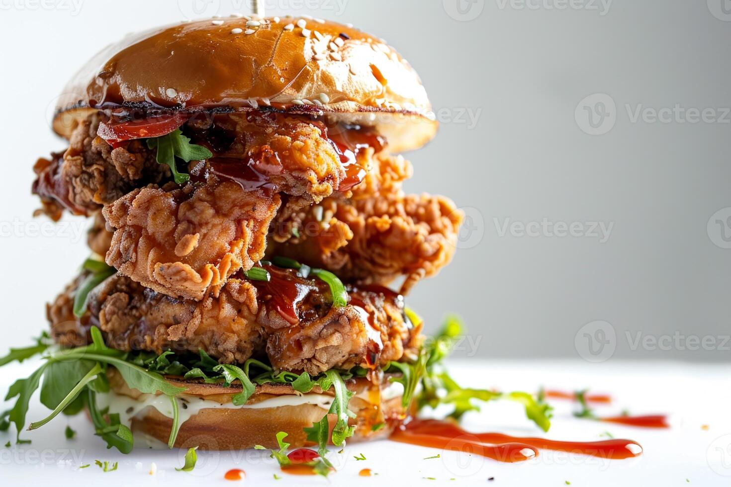 This towering fried chicken burger features multiple crispy chicken fillets stacked high with fresh greens and drizzled with tangy sauce, making it a mouthwatering delight photo