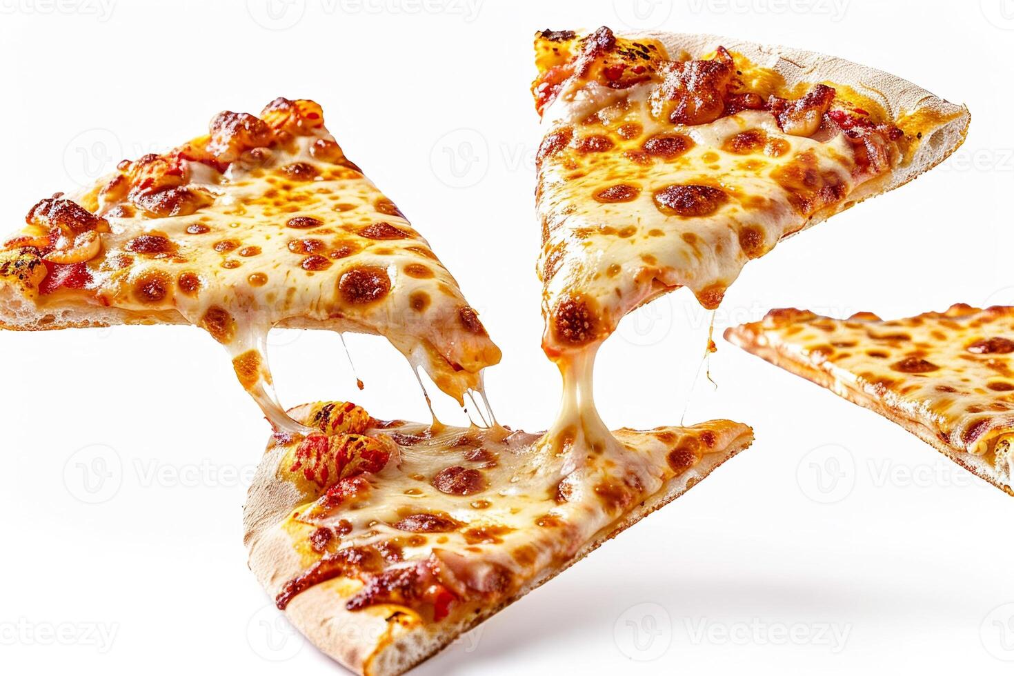 Melted cheese and pepperoni adorn three delicious pizza slices, showcasing gooey textures and a mouthwatering appearance against a plain backdrop photo