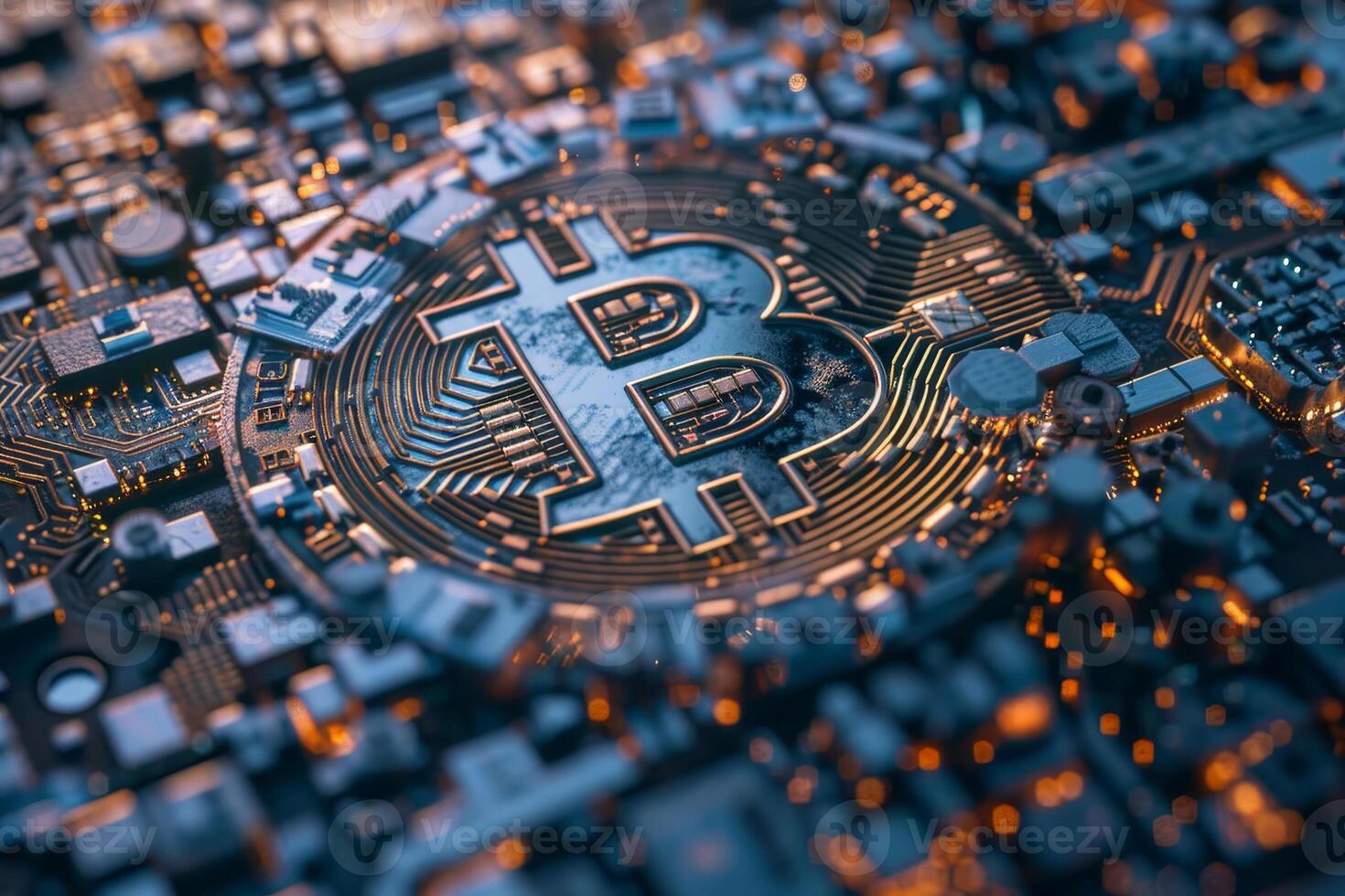 The image showcases a detailed Bitcoin symbol surrounded by intricate circuitry, featuring glowing connections that highlight modern digital technology photo
