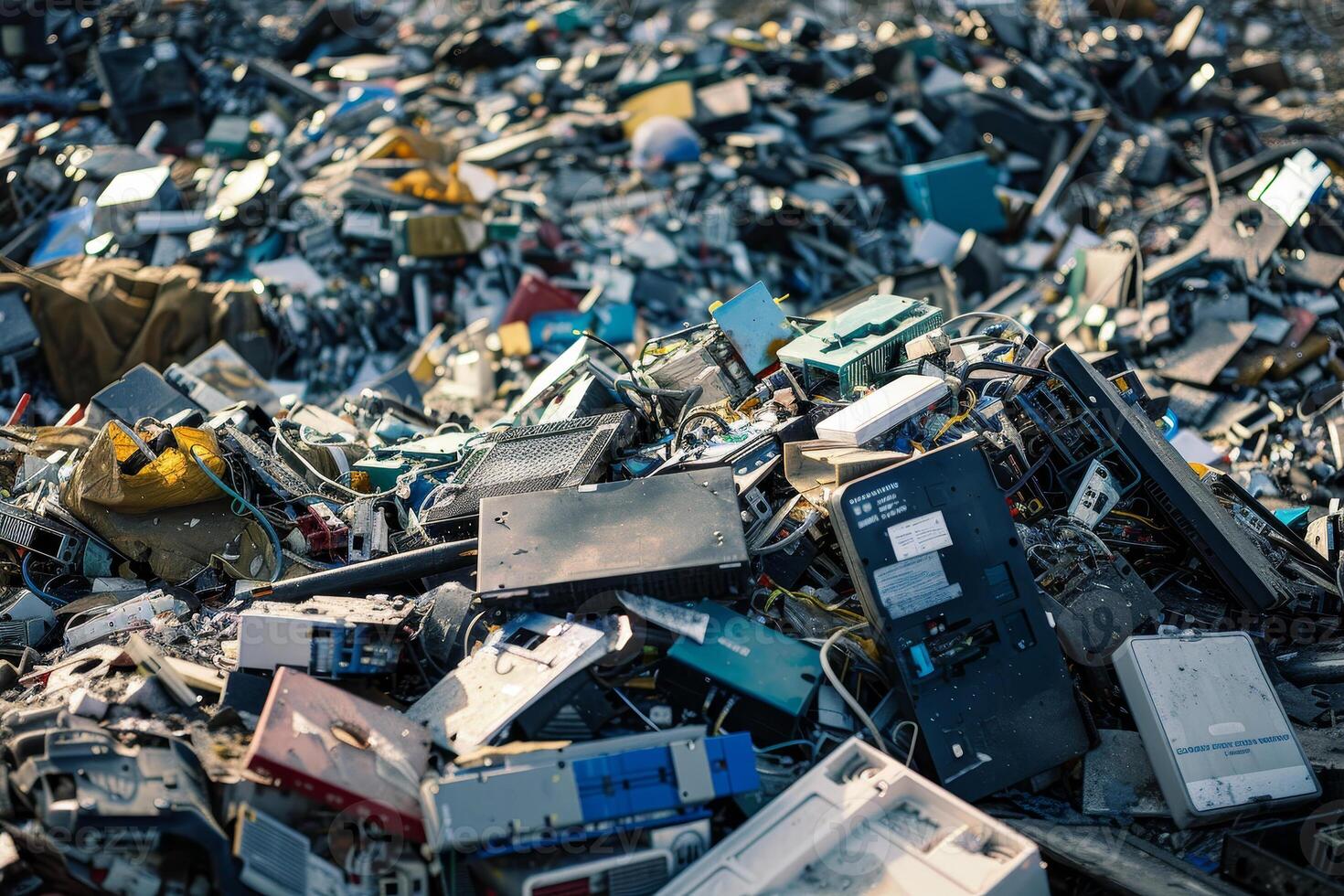 A large collection of obsolete electronics piles up at a recycling facility, showcasing the urgent need for sustainable e-waste management and environmental awareness photo