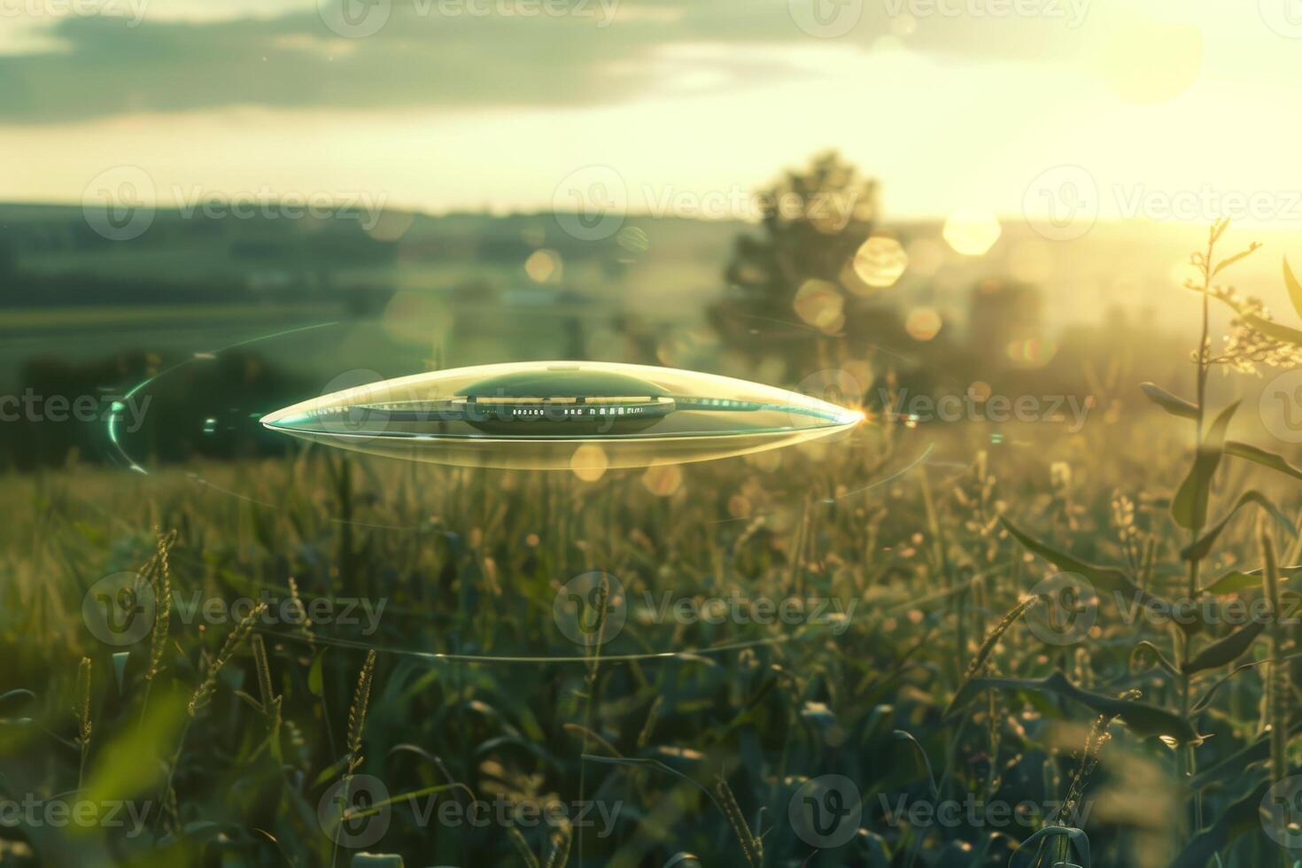A mysterious flying object hovers silently above a lush grassy field, illuminated by the warm hues of the setting sun. The surrounding landscape showcases rolling hills and a serene atmosphere photo