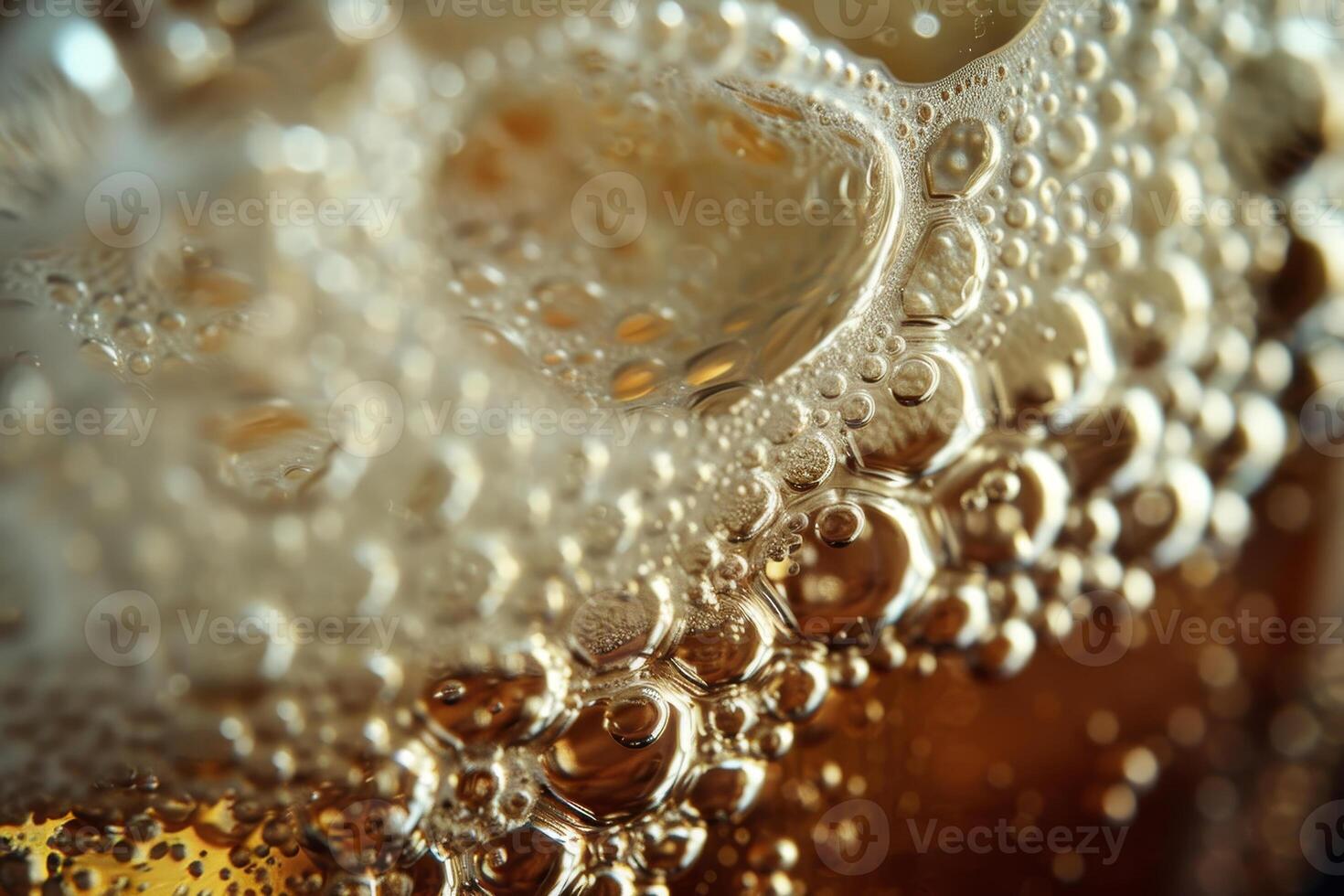 The close-up view showcases an effervescent glass filled with a dark, carbonated beverage, with bubbles actively rising to the surface in warm sunlight photo