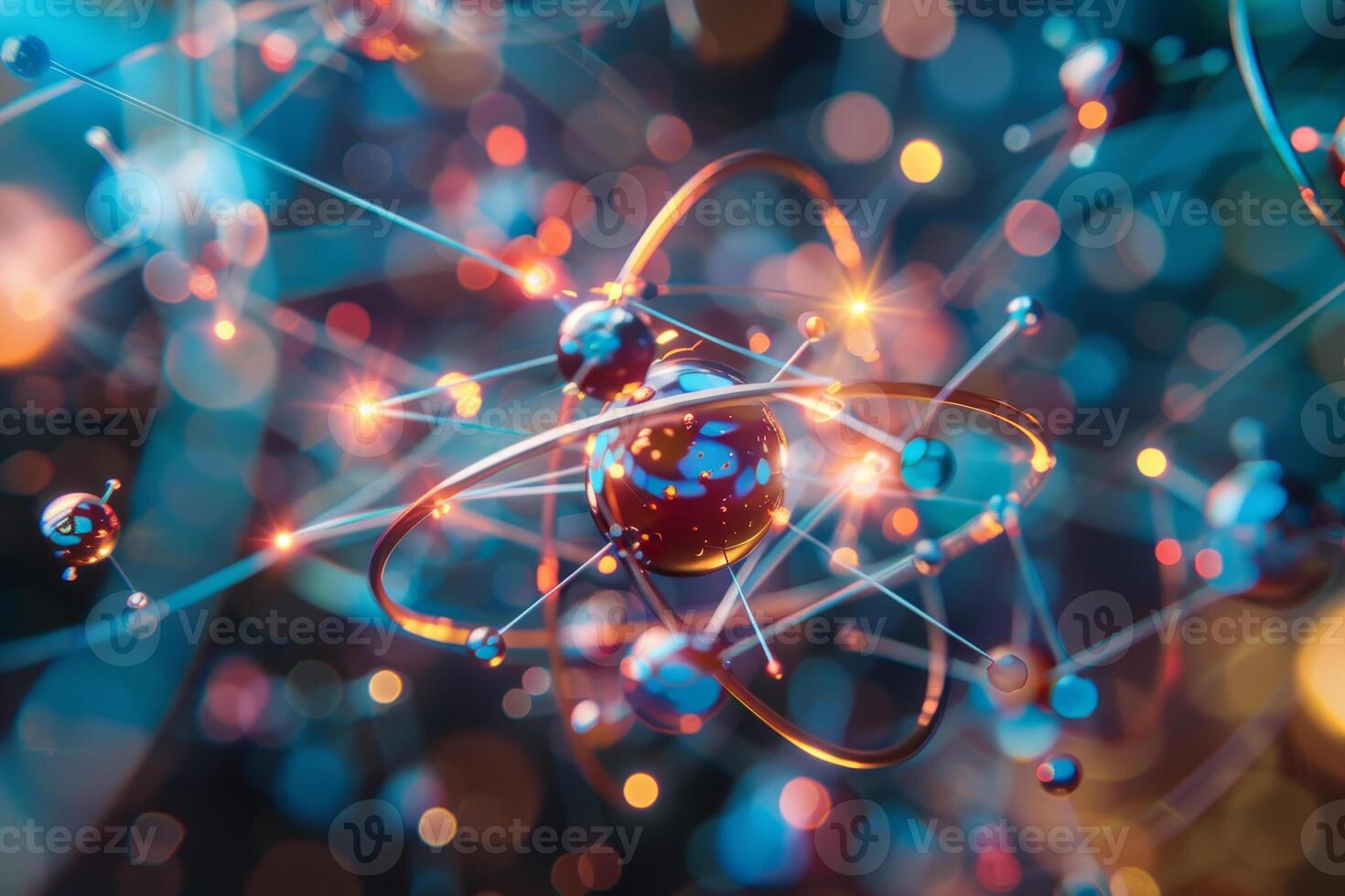 A vibrant representation showcases an atomic structure with electrons orbiting around the nucleus. The background features luminous particles, enhancing the visual appeal photo