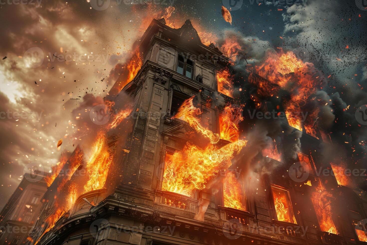 A historic structure is consumed by flames, sending debris flying into the air while smoke billows under a stormy sky, creating a chaotic atmosphere photo