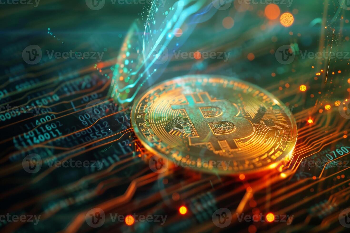 A Bitcoin coin rests prominently on a vibrant digital circuit board, showcasing the intersection of finance and technology, symbolizing the cryptocurrency revolution photo