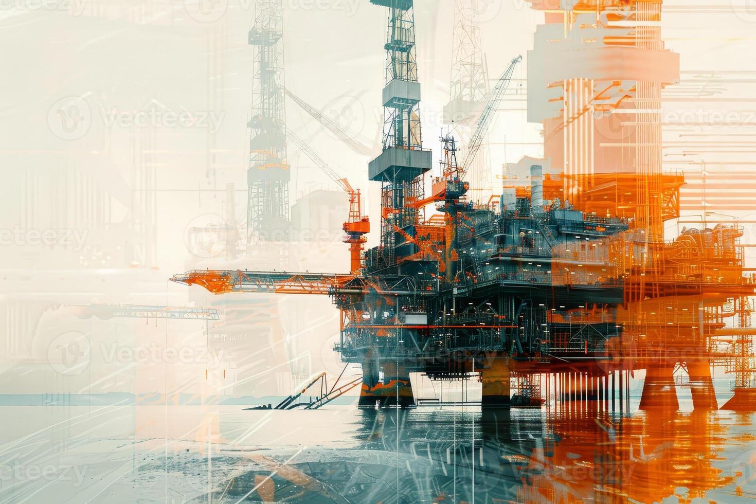 An offshore oil rig is depicted against a backdrop of vibrant colors and patterns, showcasing its intricate structure and industrial presence as dusk approaches photo