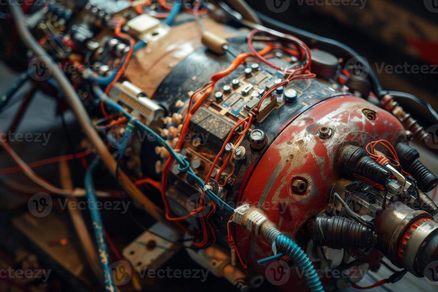 An intricate assembly of wires, circuits, and components is displayed in a workshop setting, highlighting the complexity of machinery during evening hours photo