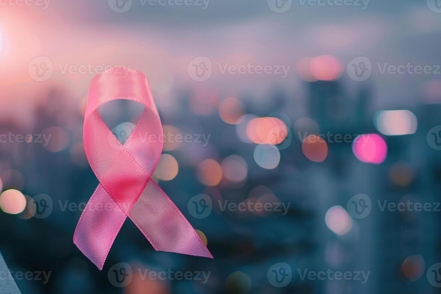 A pink ribbon representing breast cancer awareness is prominently displayed in the foreground, with a softly blurred city skyline illuminated by sunset hues in the background photo
