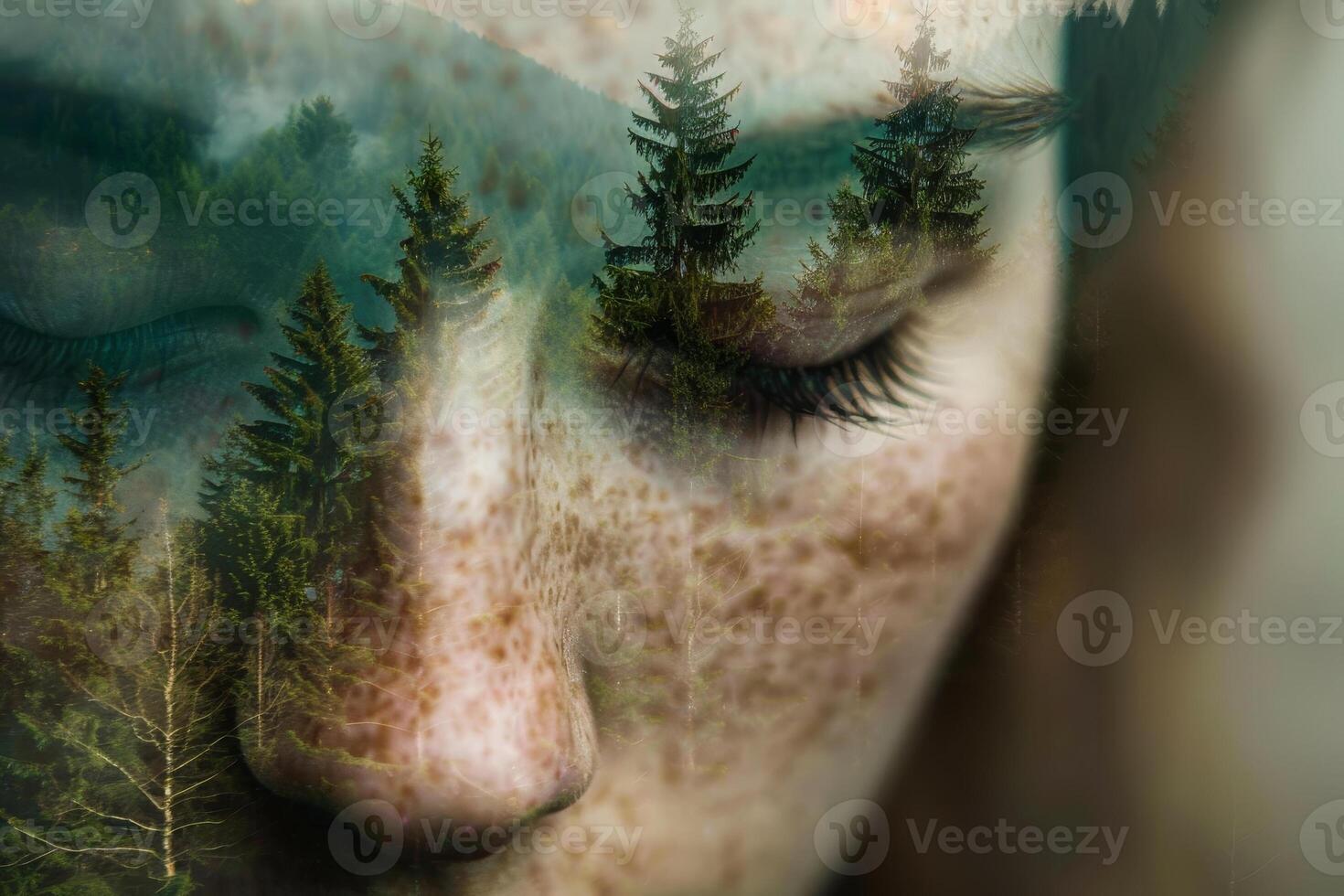A young woman with closed eyes appears deep in thought, her face softly overlaid with a lush forest landscape, conveying peace and connection to nature photo