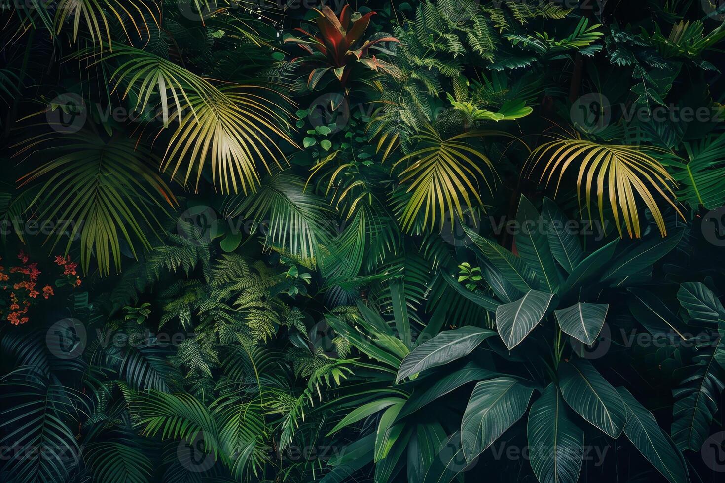 A vibrant display of various tropical plants fills the indoor garden space, showcasing a rich tapestry of green hues and textures, creating a calming atmosphere photo