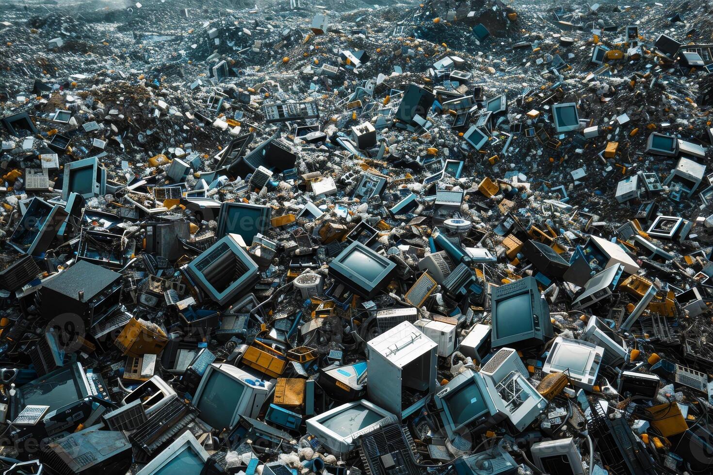 A large collection of discarded electronic devices, including old computers and monitors, fills the landscape at an e-waste recycling facility under clear skies photo