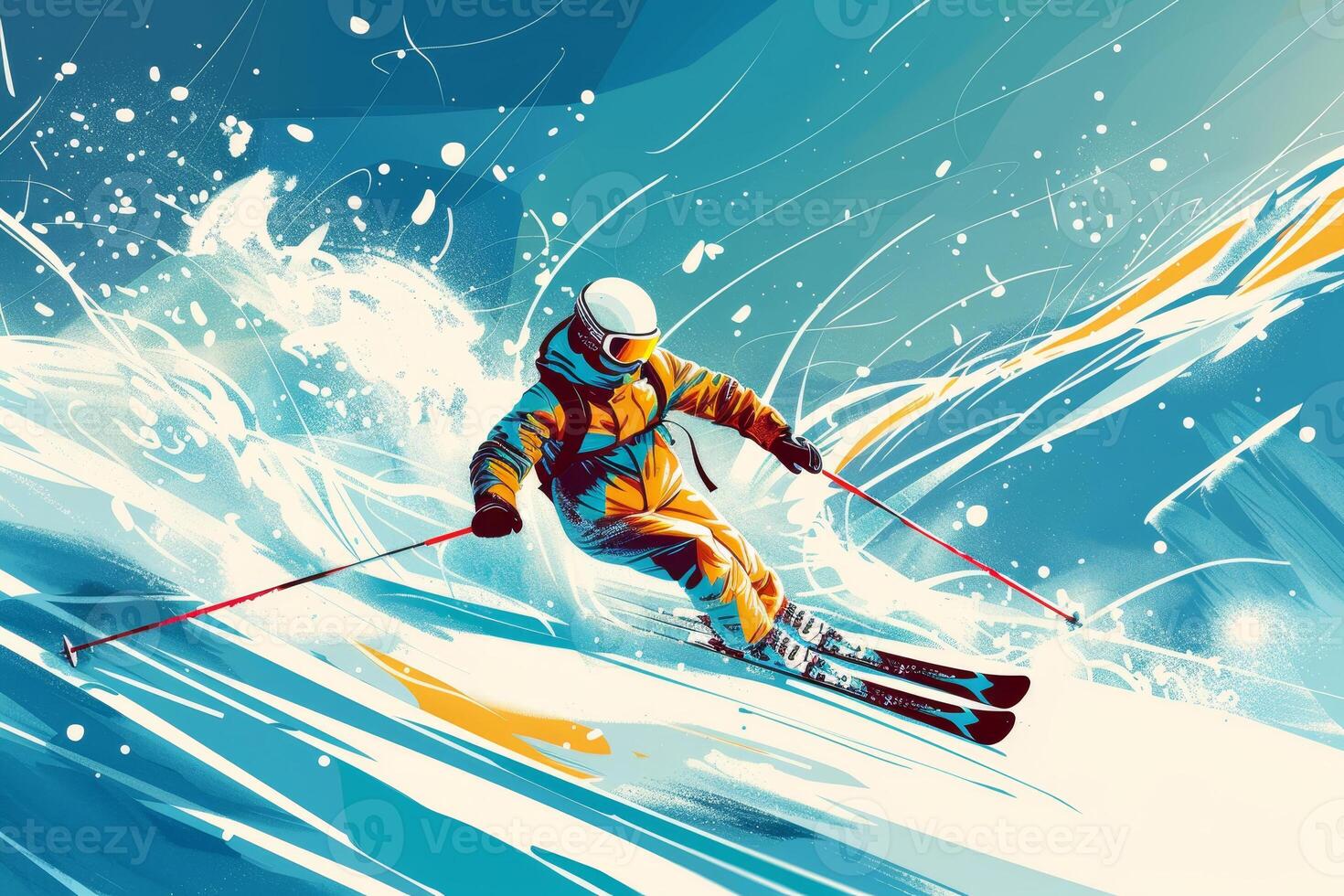 A skier dressed in bright orange gear glides expertly through fresh powder, creating splashes of snow against a backdrop of blue skies and swirling patterns photo