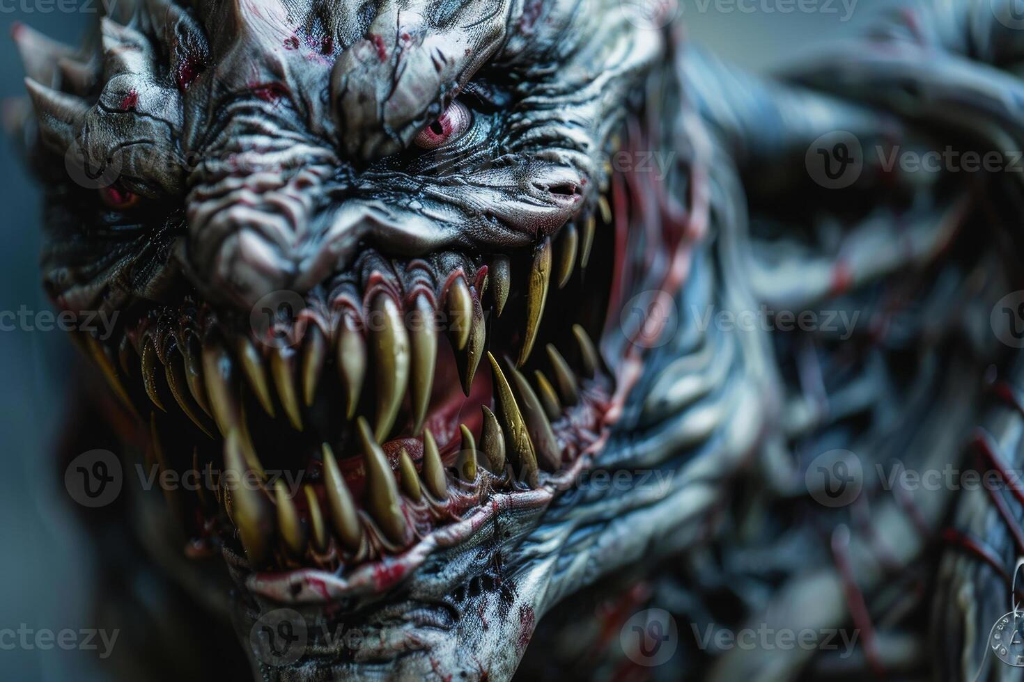 The striking sculpture features a fearsome creature with numerous sharp teeth, deep grooves, and vivid colors, capturing a sense of menace and realism in its design photo